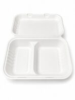 Menu Box 2 compartiments pour hamburger rectangulaire avec couvercle rabattable 250(L) x 165(W) x 45/61(H) mm 250 / carton produit sucre de canne (ZR-SH96/2(B))